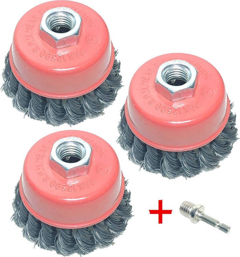 3X 75MM Kom Staalborstel Getordeerd Komborstel + M14 bit adapter haakse slijper & boormachine