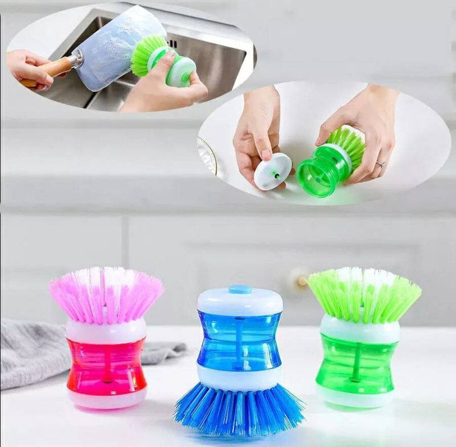 3X afwasborstels met reservoir Geel Blauw Roze Afwasmiddeldispenser Set van 3 stuks Spoelborstel Keukenborstel voor schotelpan gootsteenreiniging Afwasborstel met geïntegreerd afwasmiddelreservoir
