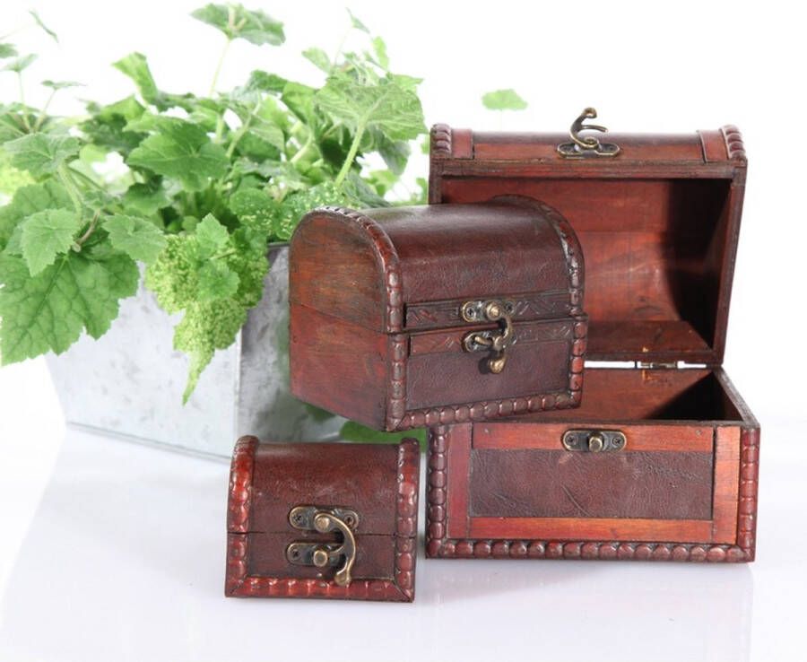 3x Brocante opbergkisten roodbruin Sieradenkistjes Vintage houten kistjes 3 stuks