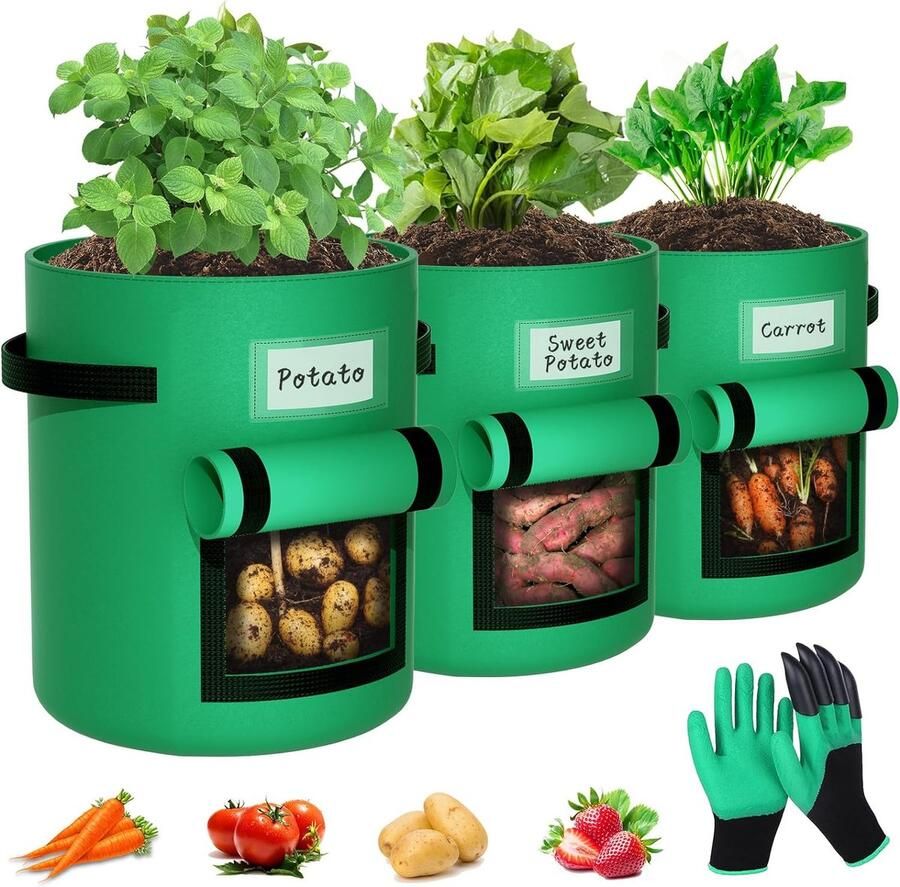 3x Kweekzak Aardappelplantenzak Kweekbak Kweekzak met Handschoenen Plantzakken met handgrepen en kijkvenster aardappelzak voor planten voor groenten tomaten