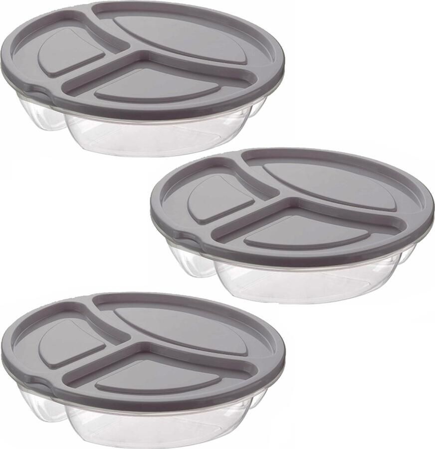 3x Lunchboxen bewaarbakjes rond 3- vaks licht grijs met deksel 2.6 liter Keukenbenodigdheden Eten bewaren Vershoudbakjes