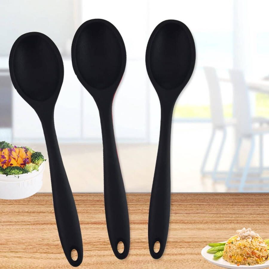 3X Nonstick Keukenlepel 3 Stuks Siliconen Opscheplepel Menglepel Hittebestendige Kooklepels Set Met Lange Steel Voor Het Mengen Van Bakken Serveren En Roeren Schep Mixen Klein 21x 4.5cm (zwart)