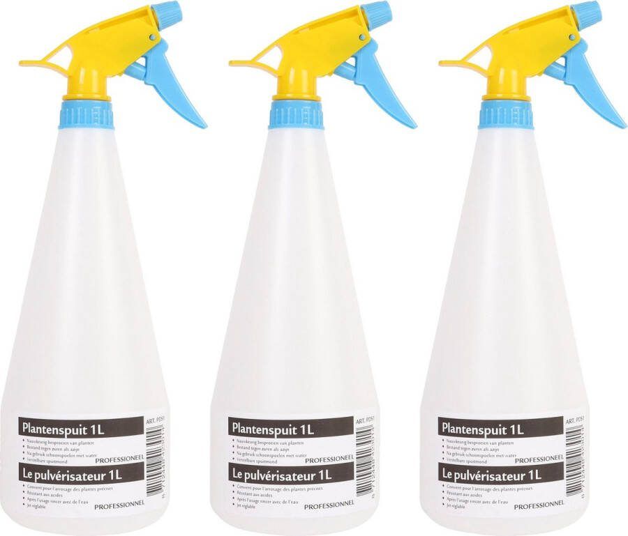 Merkloos Sans marque 3x Plantenspuiten waterspuiten 1 liter transparant geel blauw Waterverstuivers watersproeiers Desinfectiespray houder Plantenverzorging
