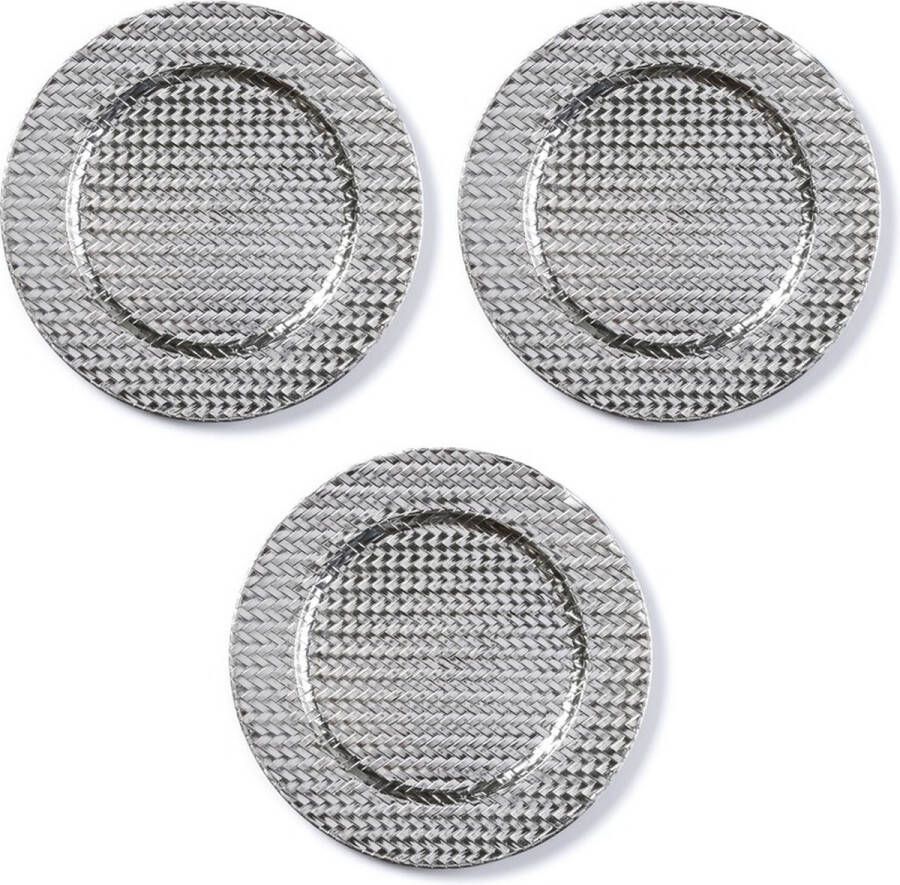 Merkloos Sans marque 3x Ronde zilveren kaarsenplateaus kaarsenborden met gevlochten patroon 33 cm onderborden kaarsenborden onderzet borden voor kaarsen