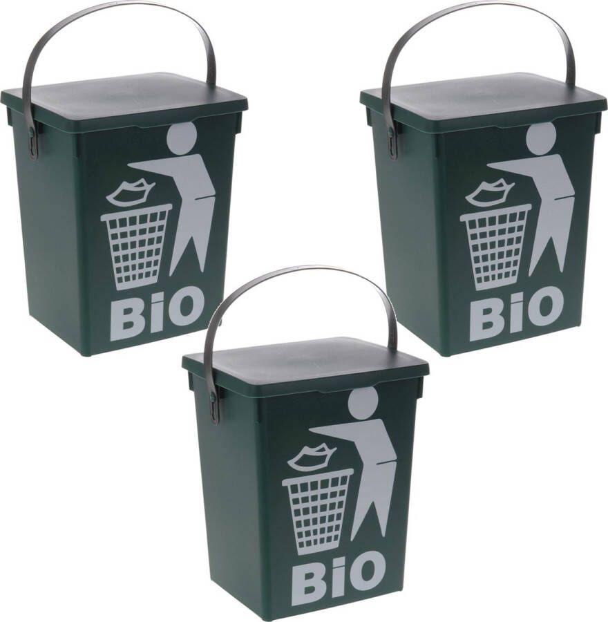 Merkloos Sans marque 3x Stuks groene vuilnisbak afvalbak voor gft organisch afval 5 liter Prullenbakken vuilnisbakken afvalbakken