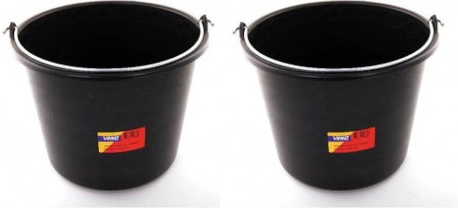 3x stuks zwarte bouwemmers specie emmers 12 liter met maatverdeling huishoudemmer