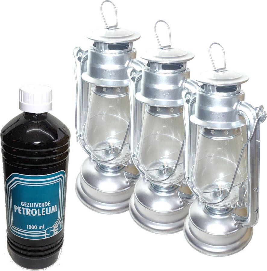 3x Zilver Stormlantaarn olielamp windlicht 30cm +1 liter fles gezuiverde petroleum