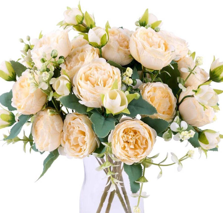 4 Bossen Pioen Kunstbloemen Champagne Bloemen Zijde Pioenen Boeketten voor Trouwfeest Tafelstukken Bloemstuk Thuis Keuken Decor.Champanagne