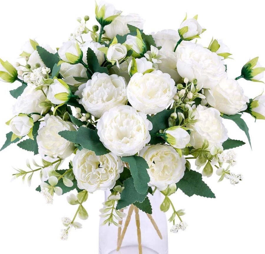 4 Bossen Pioen Kunstbloemen Witte Bloemen Zijde Pioenen Boeketten voor Trouwfeest Tafelstukken Bloemstuk Thuis Keuken Decor