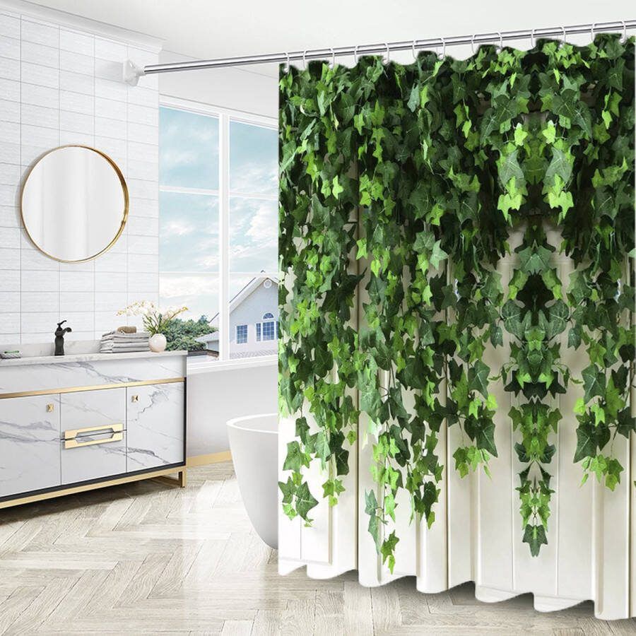 4-delig Douchegordijn aquarel eucalyptusblad plantenpatroon douchegordijn schimmelbestendig en waterdicht polyester wasbaar douchegordijn met haak geschikt voor badkuip 180*180cm