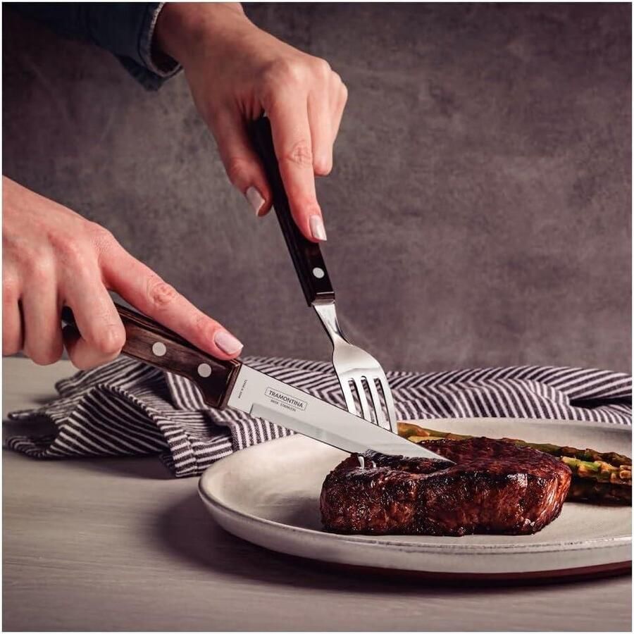 4-delig Gaucho steakbestek 2 steakmessen en 2 steakvorken roestvrij staal echt houten handvat FSC