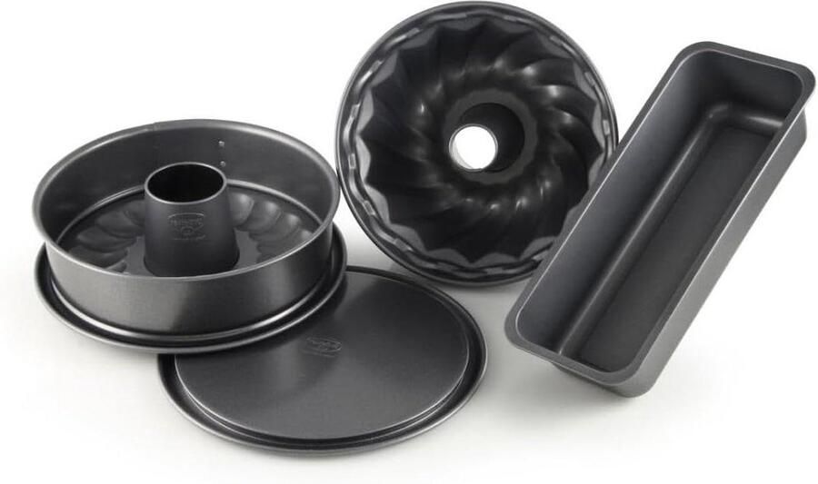 4-delige bakvormen-set met tulbandvorm Ø 25 springvorm Ø 20 met platte en buisbodem en een vierkante bakvorm 30 x 13 cm met antiaanbaklaag Springvorm