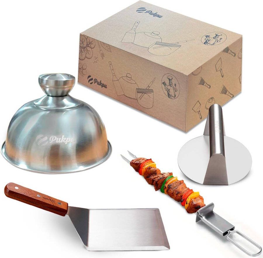 4-delige Burger Smasher roestvrijstalen set inclusief Burger Press Grill Spatel Burger Bell en Grill Spiesjes Smash Burger Press Grill BBQ Set Patty Maker Grill Cadeaus voor mannen (4 stuks)