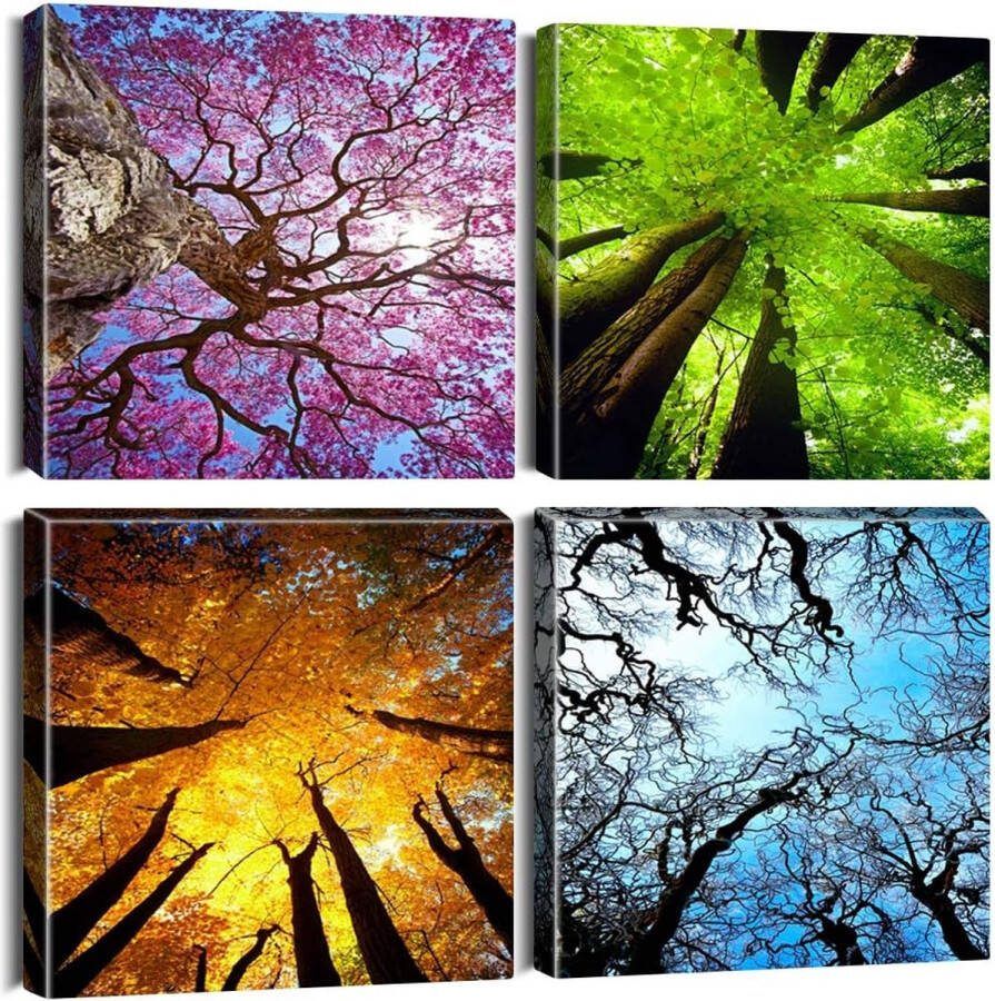 4-delige canvasafbeelding met kunstdruk van de vier seizoenen van het bosmotief moderne muurafbeelding voor wanddecoratie in de badkamer-woonkamer 30 x 30 cm