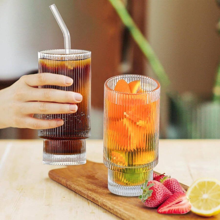 4-delige cocktailglazen 310 ml glas met rietje geribbelde glazen voor cocktails water sap mojito longdrinkglazen