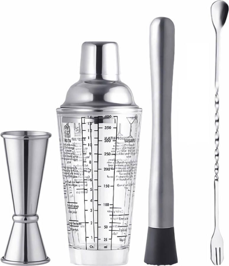 4-delige cocktailshakerset met een martiniglas van 400 ml een dubbele maatbeker (30 ml en 60 ml) een cocktailmuddler en een roerlepel. Dit is een bargereedschap barmanset voor cocktails mojito's en ijsfruit