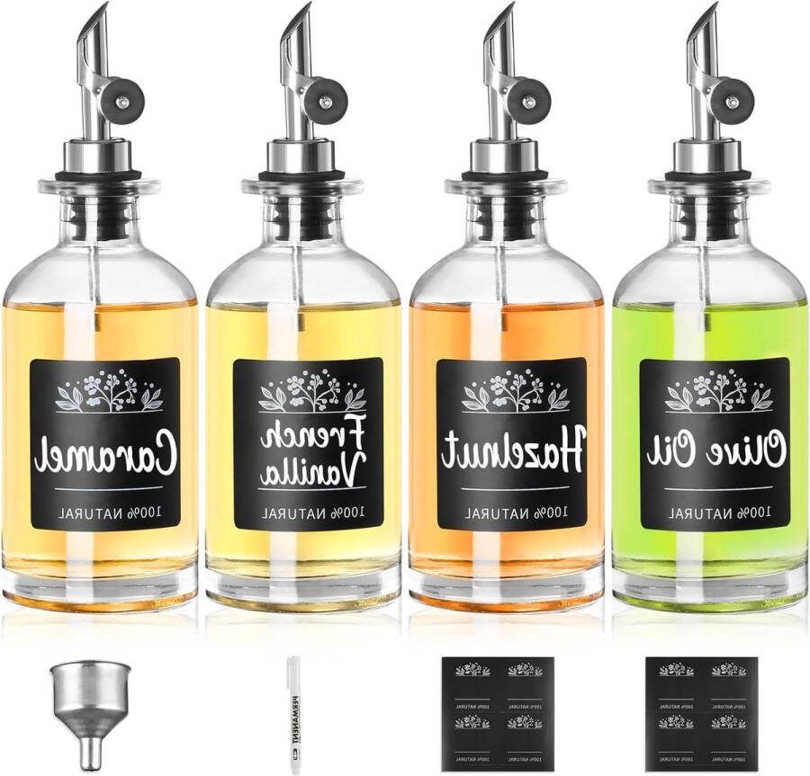 4-delige set oliefles schenktuit olijfolie azijn lekvrij druppelvrij inclusief 27 etiketten trechter perfect voor koken