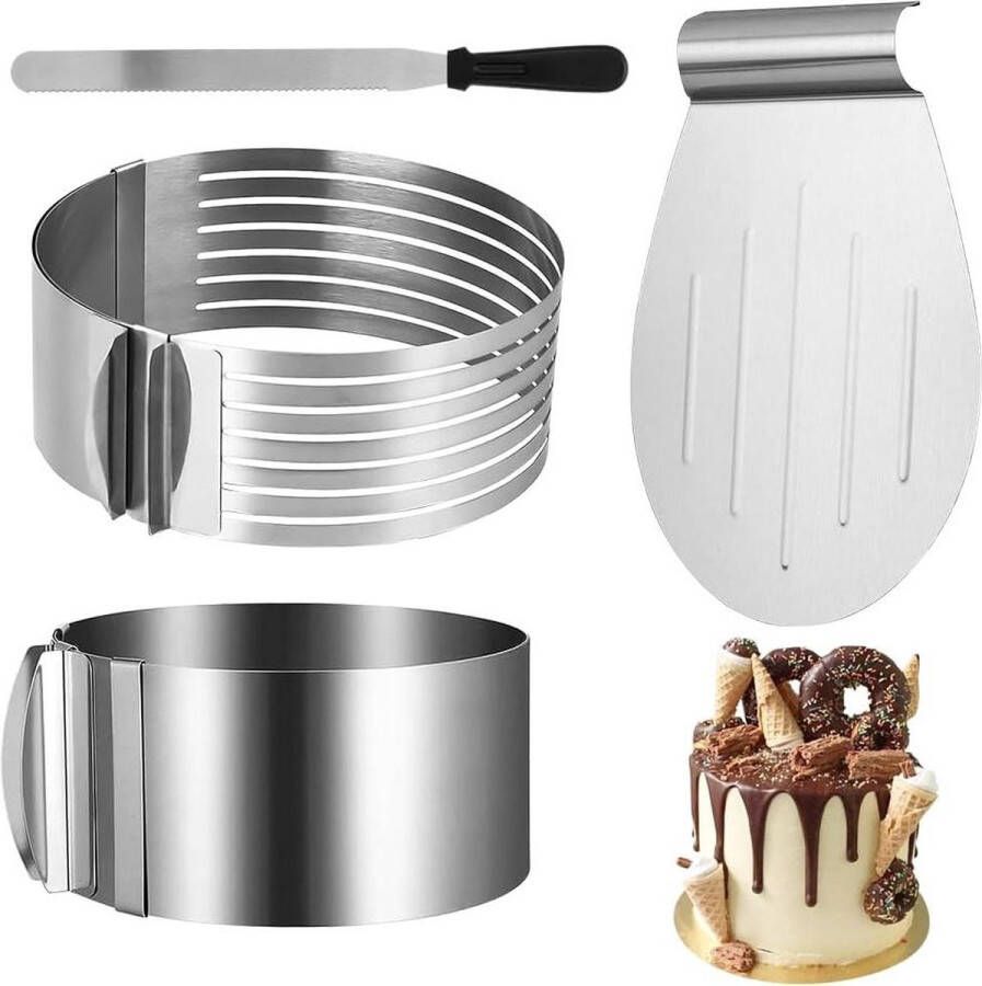 4-delige Yuragim Taartringenset verstelbare Ø 16-30 taartring lang taartmes roestvrij staal taartschep bakaccessoires keuken bakken Cake ring