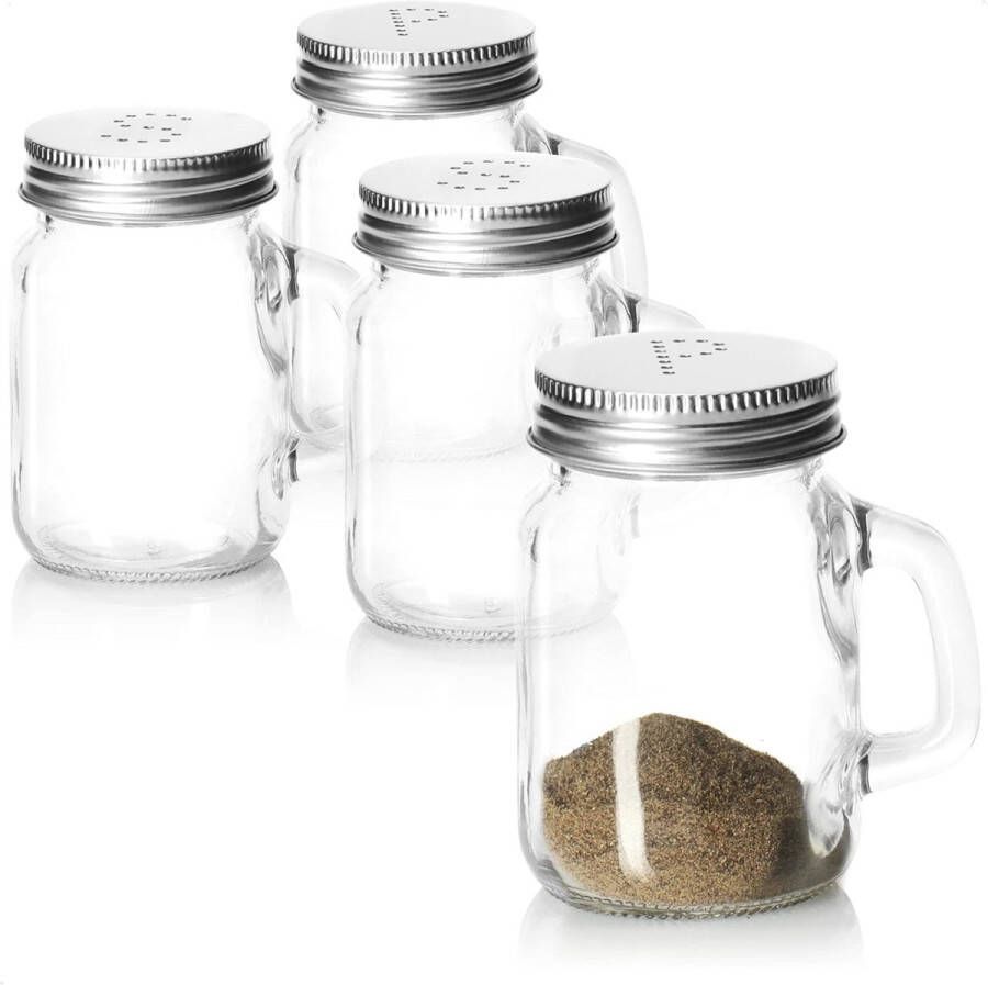 4-delige zout- en peperstrooierset glazen kruidenstrooier met metalen deksel en handvat zout- en peperstrooier als kleine bierpul kook- en keukenaccessoires (4 stuks met handvat)