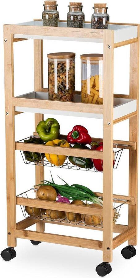 4-etages smalle keukentrolley op wieltjes badkamer trolley HBD 83 x 22 x 40 cm bamboe natuur wit