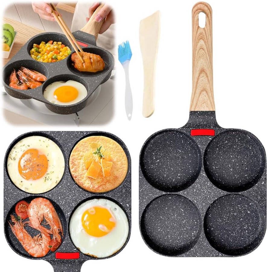 4 gaten spiegeleipan pannenkoekenpan met houten handvat anti-aanbak-aluminium pan voor ontbijt spiegelei hamburger voor inductie en gasfornuis met borstel en schep