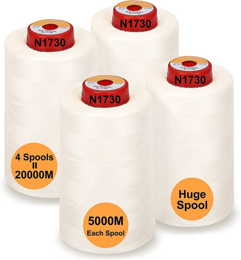 4 Grote Kegels van 5000m All-Purpose Polyester Naaigaren 40S 2 (Tex27) voor Naaien Quilten Patchwork Serger en Overlock Naturel