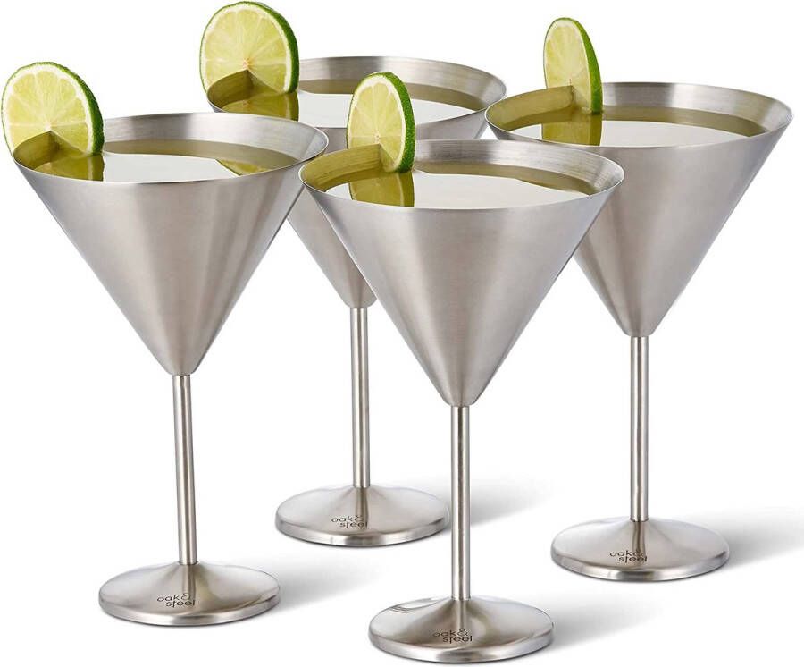 4 grote roestvrijstalen Martini cocktailglazen (XL 460ML) Zilver Mat-robuust en onbreekbaar-Geschenkset voor verjaardagen en Kerstmis