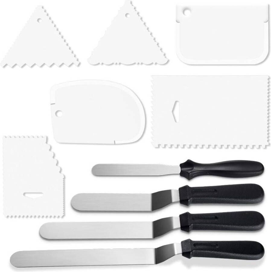4-hoekige paletset roestvrijstalen strooipaletten taartmes glazuurstrooimes met 6 glazuurspatels Smoother Icing Smoother voor fondanttaarten en taartdecoratie (set B)