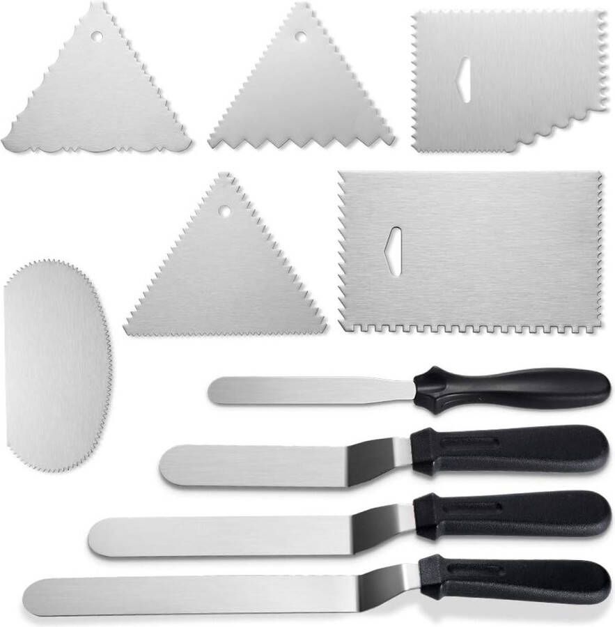 4-hoekige paletset roestvrijstalen strooipaletten taartmes glazuurstrooimes met 6 glazuurspatels Smoother Icing Smoother voor fondanttaarten en taartdecoratie (set A)