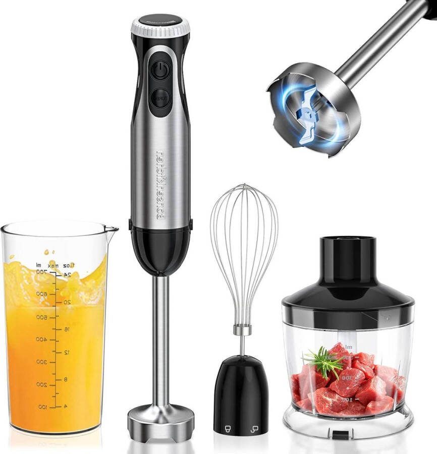 4-in-1 elektrische Pureerstaaf 1000 W traploze snelheden roestvrij staal garde 500 ml hakbeker zwart