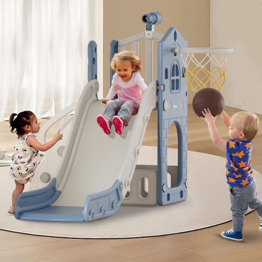 4-in-1 glijbaan voor kinderen van 1-8 jaar met basketbalring grijs-blauw