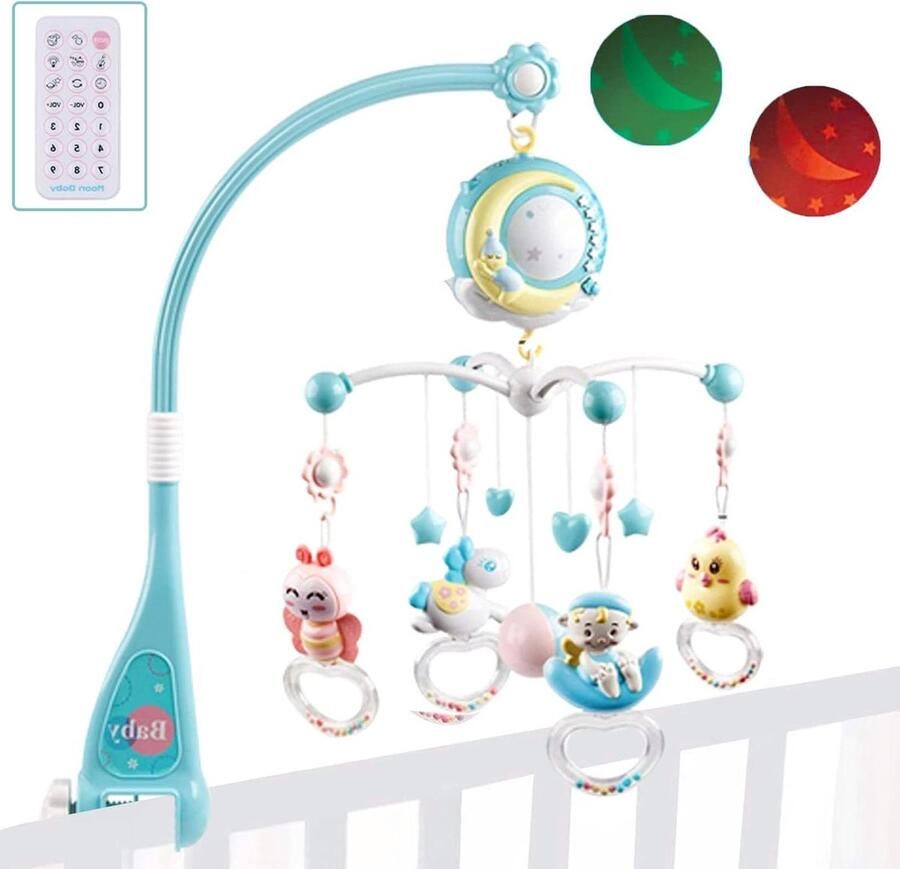 4-in-1 kinderbed mobiel met verlichting en muziekafstandsbediening 360 ° draaibare sterrenprojector babymobiel voor kinderbedje