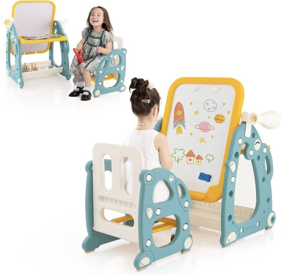 4-in-1 schildersezel met stoel standbord in hoogte verstelbaar met 3-traps verstelbaar whiteboard telescopisch & ringwerpspel kinderbord met schilderaccessoires en gum voor kinderen van 1-8