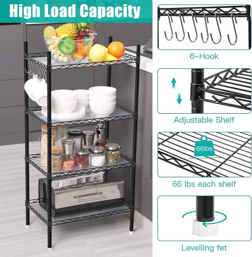 4-laags metalen plank vrijstaand klein opbergrek met 4 haken draadorganizer plank voor bijkeuken keuken woonkamer badkamer kantoor (zwart)