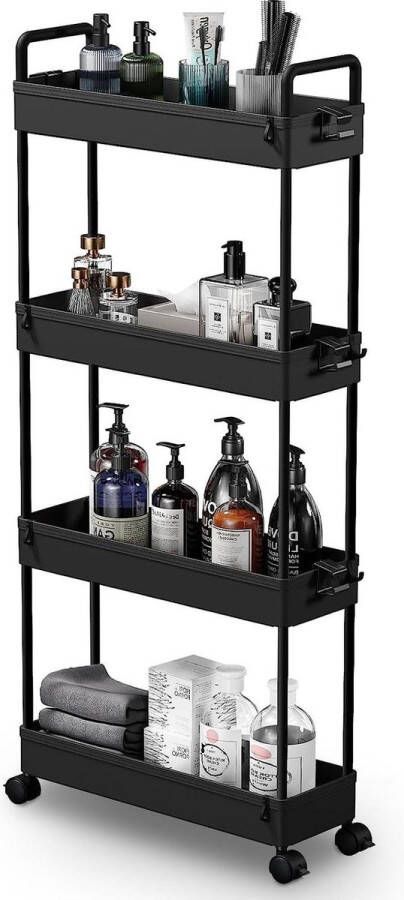 4-laags opbergtrolley kar uitschuifbaar Slanke rollende boodschappenkar Mobiele opslagrekken voor keuken en badkamer Zwart Sink organizer