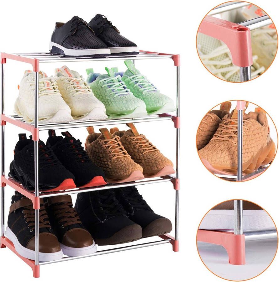 4-laags stapelbaar klein schoenenrek lichtgewicht schoenenrek opbergorganizer voor entree hal en kast (roze)