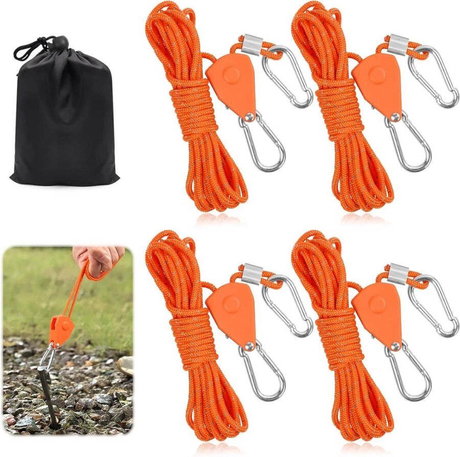 4 m scheerlijnen reflecterend nylon kamperen en wandelen set van 4 met aluminium regelaar