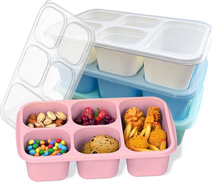 4-pack Bento lunchbox voor volwassenen en kinderen 5 compartimenten herbruikbare voedselopslagcontainers met doorzichtig deksel magnetronbestendig (2x groen en 2x roze)