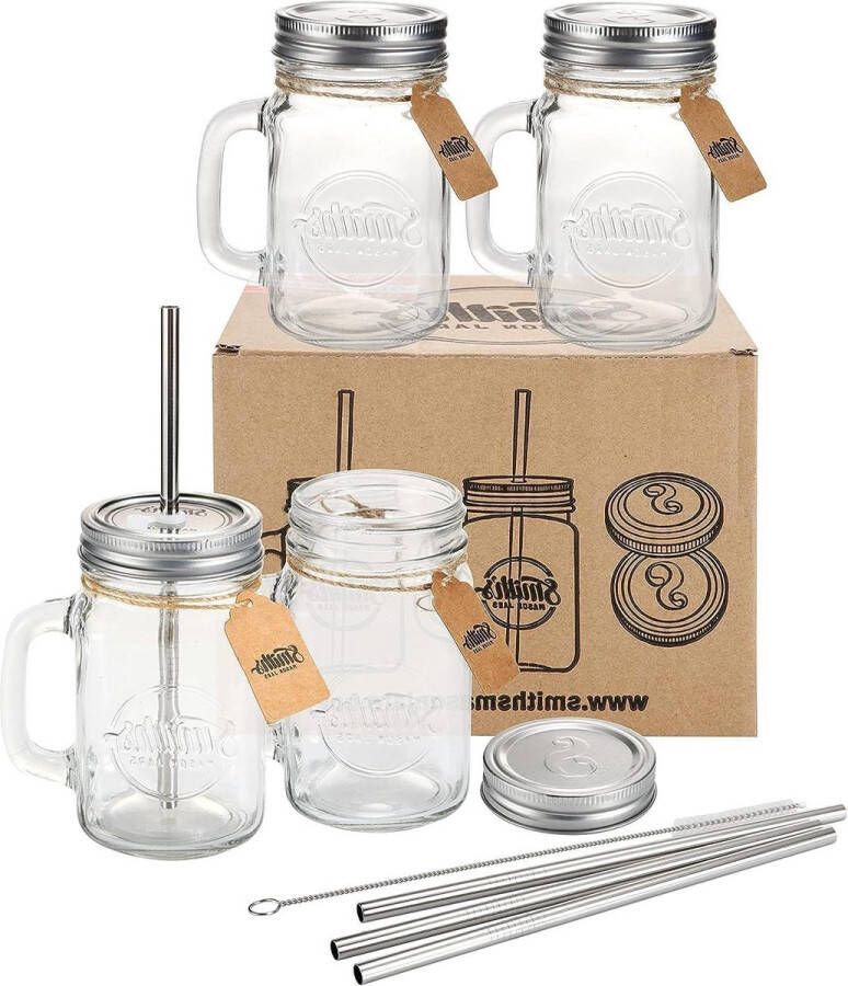 4-pack glazen potten met deksels en metalen rietjes 16oz 473ml perfect voor overnight oats en smoothies