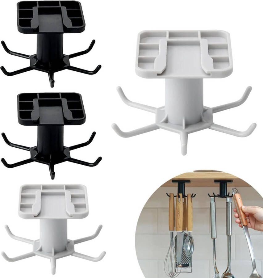 4-pack haken voor thuisopslag Opslag Badkamer Organizer Storage Rack Gedraaid Houder Wall Mounted Opknoping 360° draaibaar keukengereirek keukengereihouder voor onder de kast hangerhaak voor keuken en badkamer（zwart en grijs Wit）