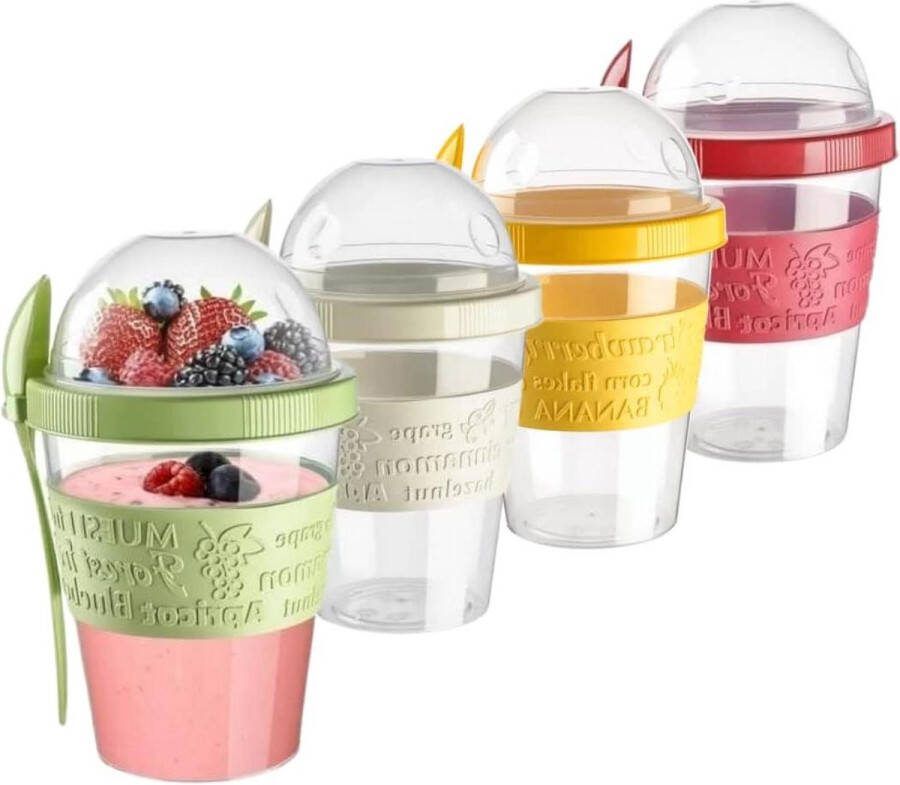 4 Pack On The Go ontbijtgranen yoghurtbekers herbruikbare parfait plastic melkpot nachtelijke havercontainer met lepel ontbijt crunch muesli havermout smoothie snack prep pot. meal prep