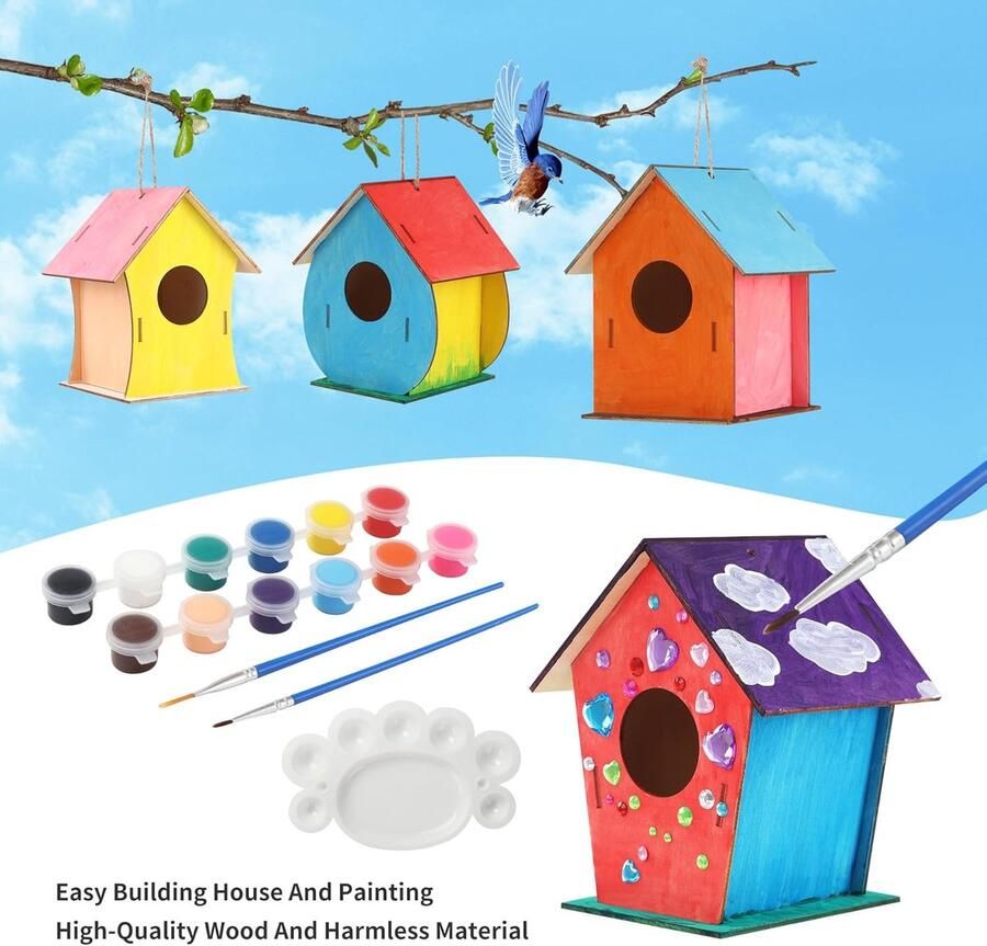 4 Packs Birdhouses Kits DIY Houten Bulk Build & Paint Speelgoed Leuk Vogelhuis met Verf Set Arts Crafts Geschenken voor Kids Meisjes Jongens en Volwassenen-Creatieve werken voor kinderen