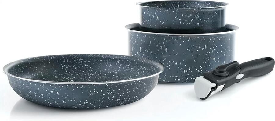 4-piece induction cooking set with pots 16 cm and 20 cm sauteuse 24 cm removable handle aluminum fireproof marble grey