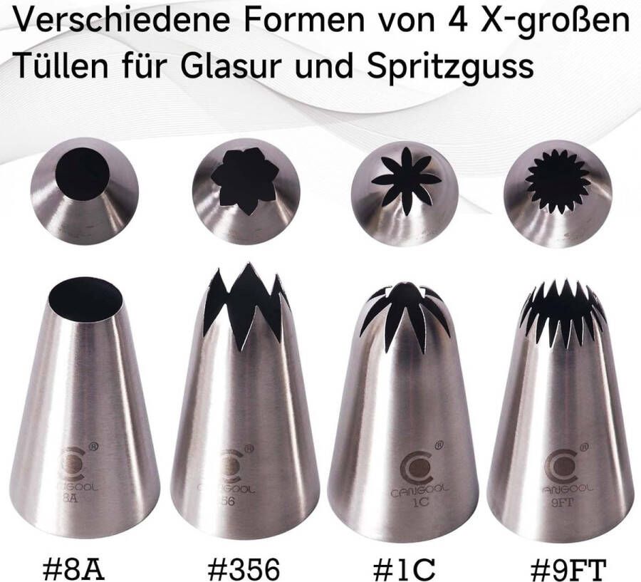 4 professionele spuitpunten extra groot (XL) (8A 356 1C en 9FT) voor het decoreren van taarten cupcakes churros taarten en koekjes sproeiers compatibel met spuitzak
