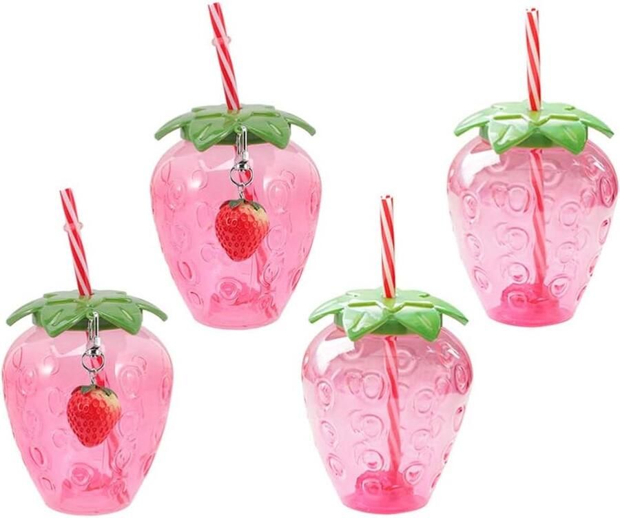 4 sets kunststof drinkbekers met rietdeksel aardbeienstro glazen beker melkbeker waterbeker koffiebeker voor thee sap koffiebeker smoothie beker