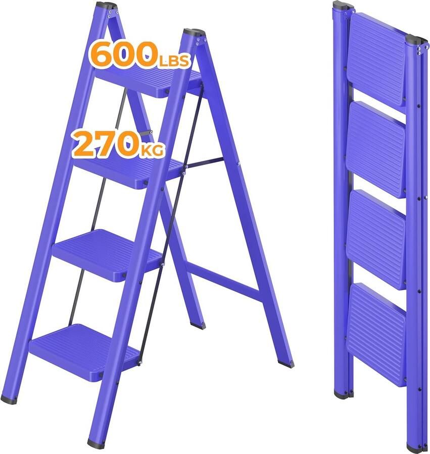 4 stappen opvouwbare ijzeren opstapkruk met bredere antislip gewatteerde treden multifunctionele ladder voor keuken thuis en op kantoor 600 lb laadvermogen blauw