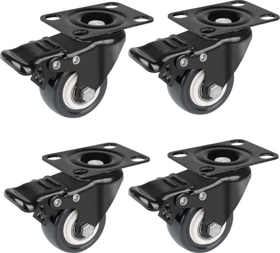4 Stuks 2 inch meubelwiel Zwenkwielen met zwenkplaten zware industriële wielen met rem geluidloze vergrendelbare wielen met polyurethaan (PU) wielen zwenkwielen veelgebruikt binnen en buiten karren werkbanken meubels planken