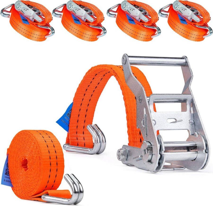 4 stuks 2000 kg 4 m spanbanden ratel 2-delig haak ratelgordel sjorbanden oranje 35 mm 2000 daN 2t