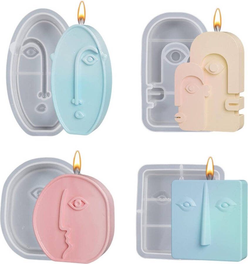 4 stuks abstracte gezicht vormige kaars mallen 3D siliconen hars mallen kaars mallen voor kaarsen maken zeep handgemaakte geschenken DIY ambachtelijke woondecoratie ornamenten geurkaarsen feest decor