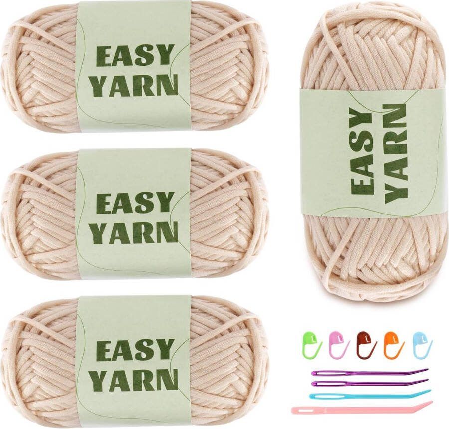 4 stuks beige garen haak- en breigaren voor beginners goed zichtbare mazen grof dik katoen-nylon garen om te haken met haakaccessoires (4 x 50 g)